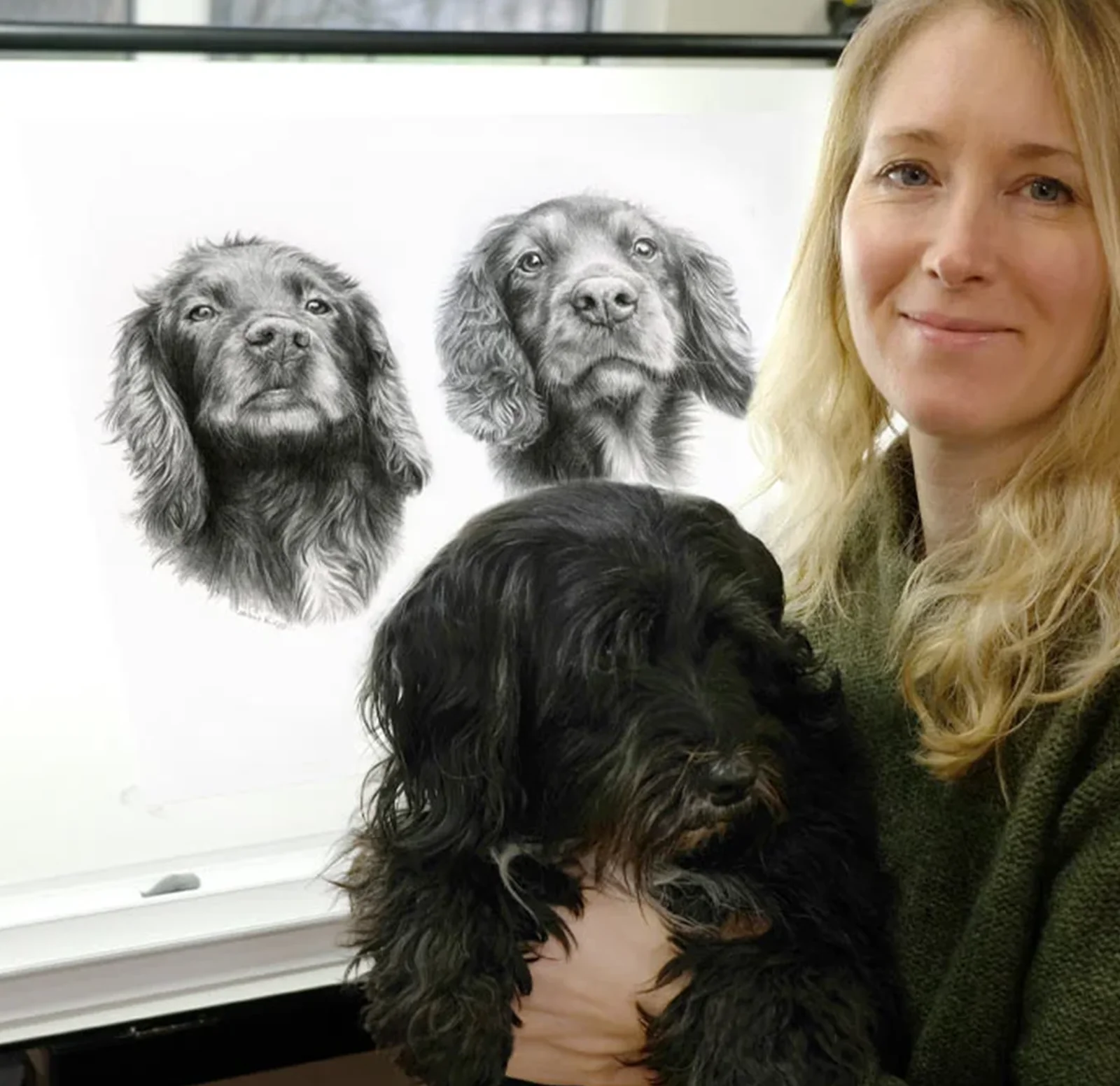 Pet Portraits in Pencil by Melanie Phillips Pet Portraits in Pencil by Melanie Phillips, showing the artist with a dog